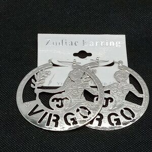 Zodiac VIRGO Silver Tone Pierced Earrings Dangle XL Round 2.5 in Metal Aug-Sept
